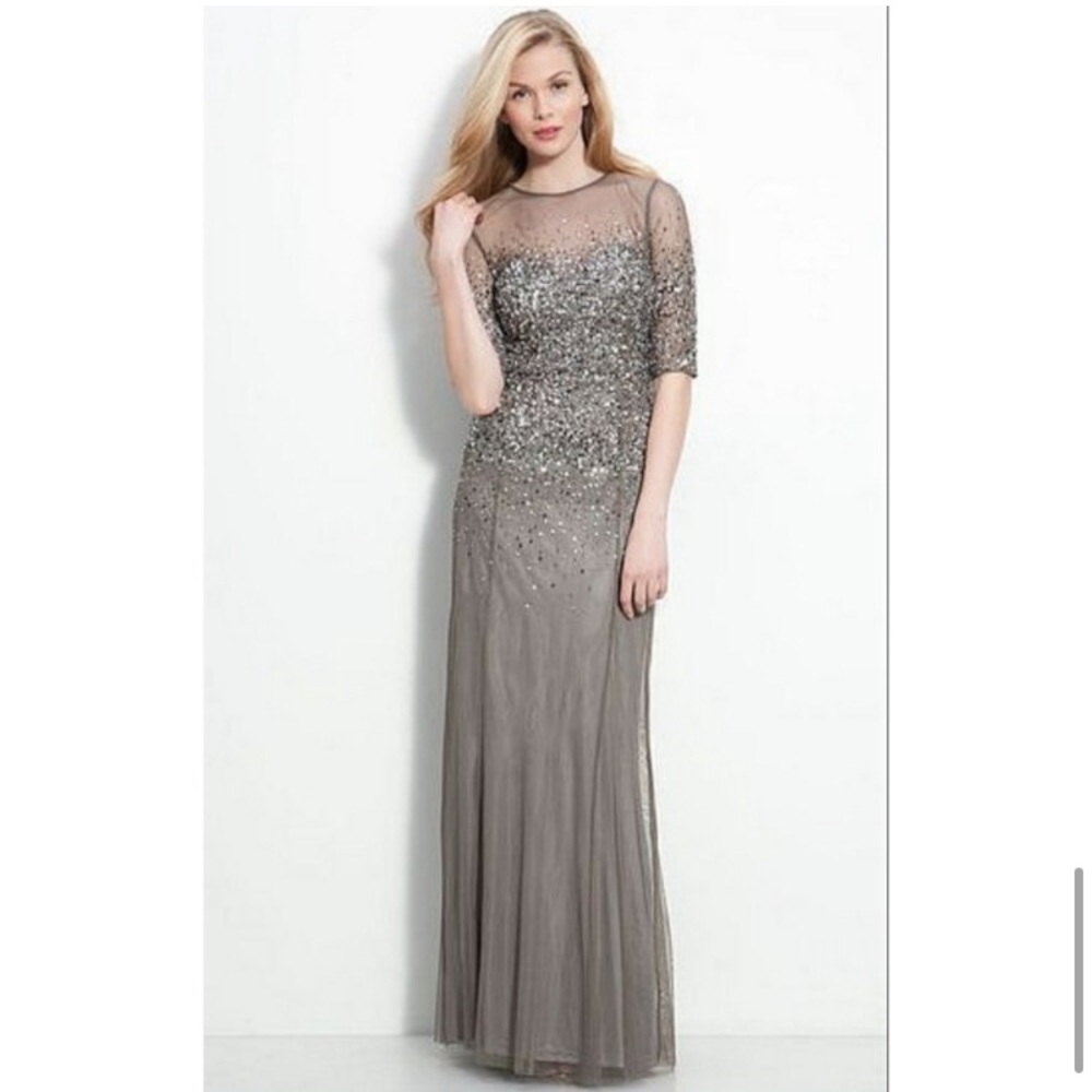Adrianna papell beaded illusion gown gray mother of the bride or groom dress s 4
